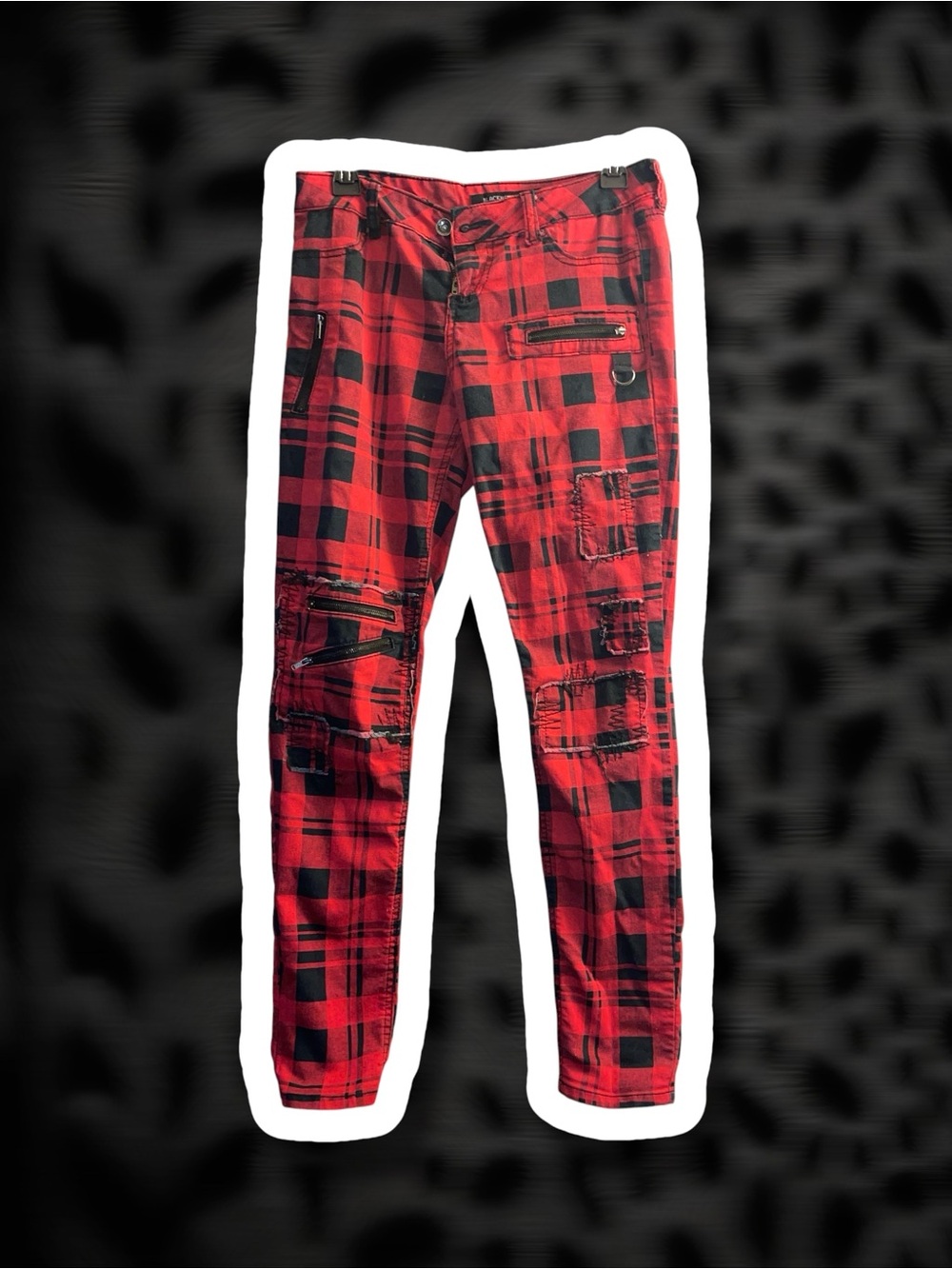 super skinny red plaid patchwork pants size M